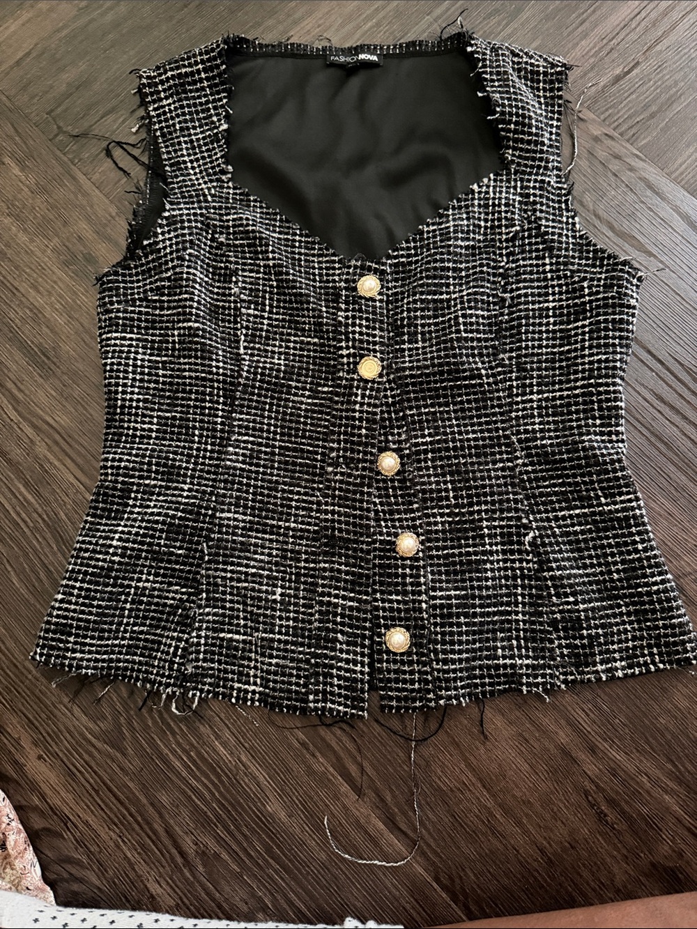 Fashion Nova Black & White Tweed Sleeveless Button Front Top with Gold Buttons